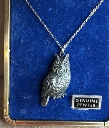 Vintage Ms Dee Genuine Pewter Great Horned Owl Necklace